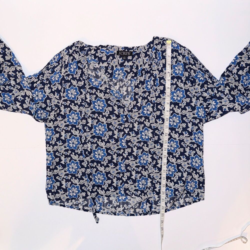 J.Crew V Neck Tie Top Floral Cotton Blend Dobby Blue Floral Long Puff Sleeve M - Picture 10 of 14